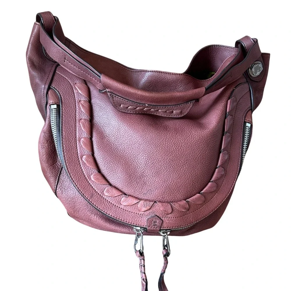 orYANY Burgundy Pebbled Leather Hobo Bag Braided Trim Moroccan Print Lining